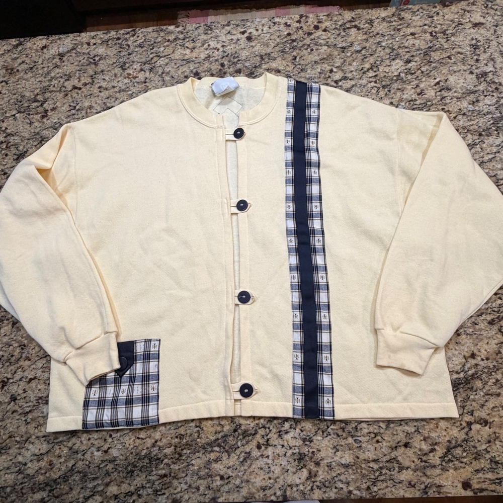 Lee Vintage Yellow Bee Plaid Trim‎ Cardigan Sweatshirt Womens 2X Button Front